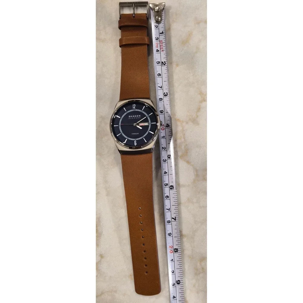 Skagen Melbye Mens Titanium Watch Blue Dial Brown Leather Strap SKW6906 New - Picture 3 of 9